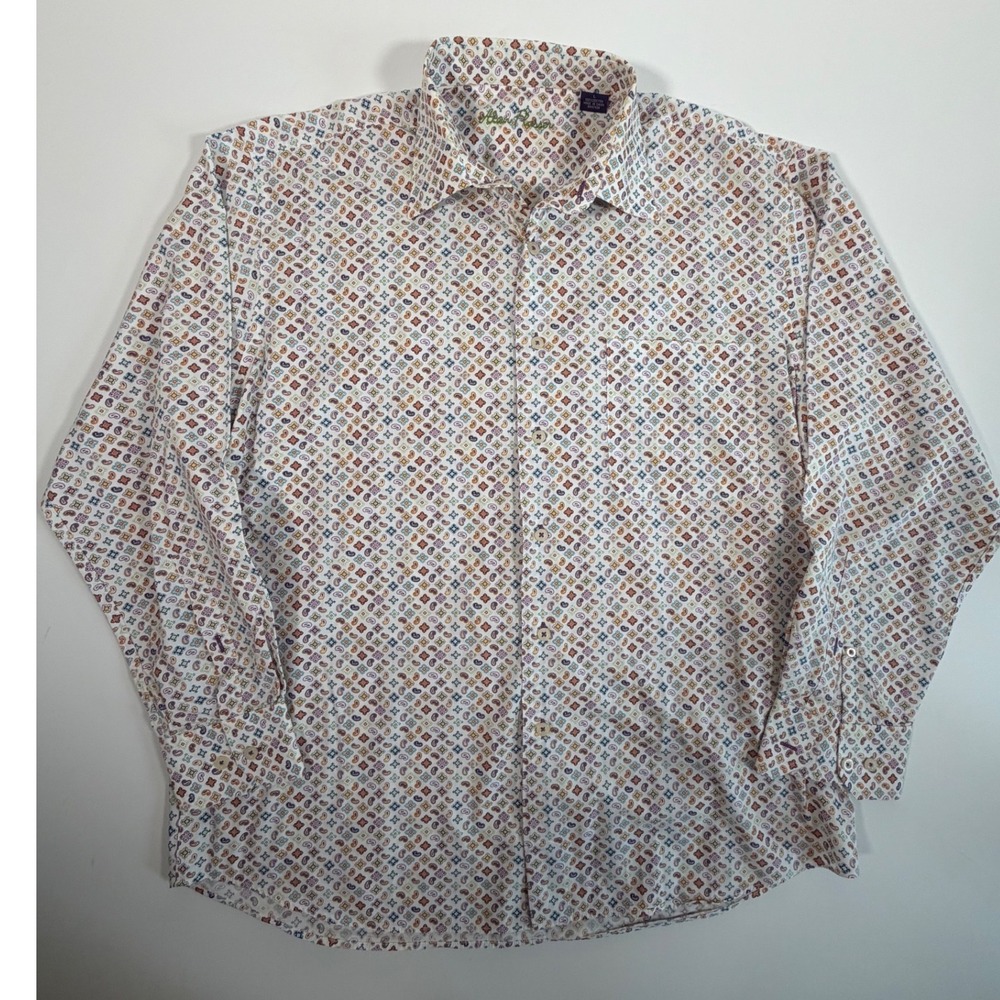 Alan Flusser Mens Large Cotton Paisley Geometric Button Down Shirt Minimalist